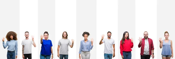 Collage Different Ethnics Young People White Stripes Isolated Background Showing — Stock Photo, Image