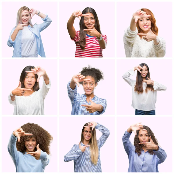 Collage of young women over pink isolated background smiling making frame with hands and fingers with happy face. Creativity and photography concept.