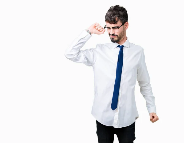 Joven Hombre Negocios Guapo Con Gafas Sobre Fondo Aislado Que — Foto de Stock