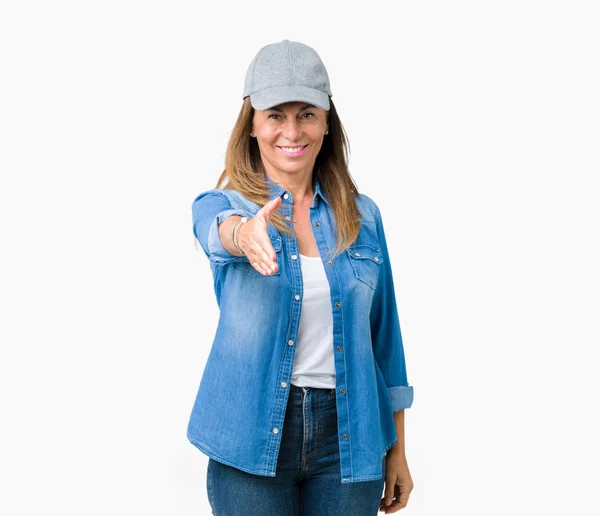 Beautiful Middle Age Woman Wearing Sport Cap Isolated Background Smiling — Stock Photo, Image