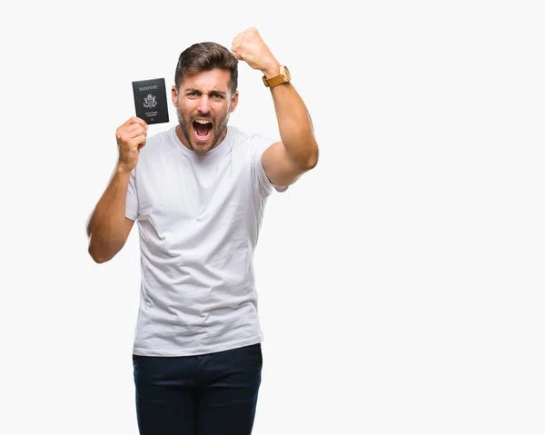 Genç Yakışıklı Adam Holding Pasaport Amerika Birleşik Devletleri Izole Arka — Stok fotoğraf