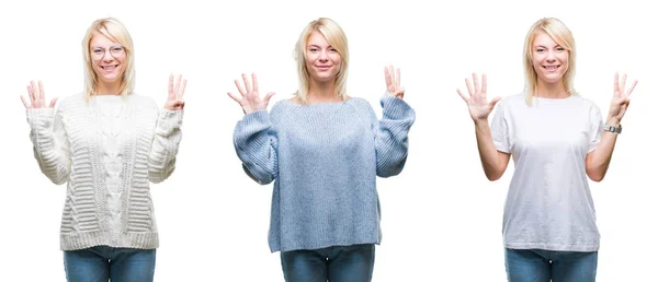 Colagem Bela Mulher Loira Usando Camisola Inverno Sobre Fundo Isolado — Fotografia de Stock