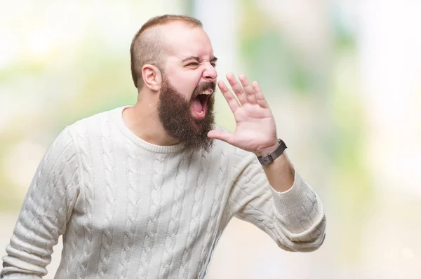 Young Caucasian Hipster Man Wearing Winter Sweater Isolated Background Shouting — Stock Photo, Image