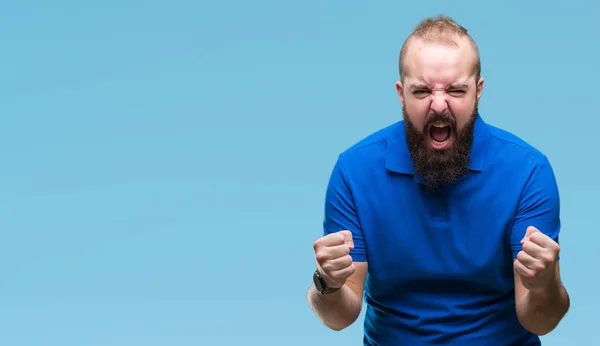 Joven Hombre Hipster Caucásico Con Camisa Azul Sobre Fondo Aislado —  Fotos de Stock