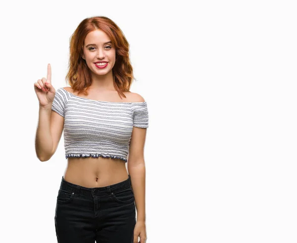 Young Beautiful Woman Isolated Background Showing Pointing Finger Number One — Stock Photo, Image
