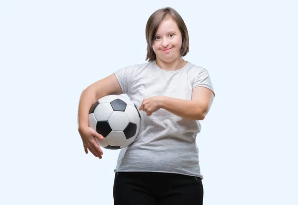 Mulher Adulta Jovem Com Síndrome Segurando Bola Futebol Sobre Fundo — Fotografia de Stock