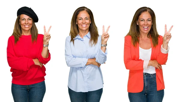 Colagem Bela Mulher Meia Idade Sobre Fundo Isolado Branco Sorrindo — Fotografia de Stock