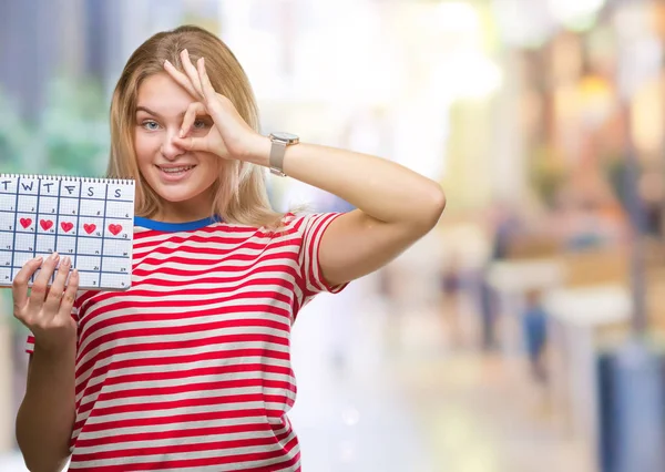 Giovane Donna Caucasica Che Tiene Calendario Mestruale Sfondo Isolato Con — Foto Stock