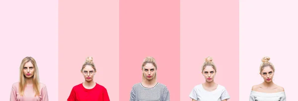 Колаж Молодої Красивої Блондинки Над Яскравим Вінтажним Рожевим Ізольованим Тлом — стокове фото
