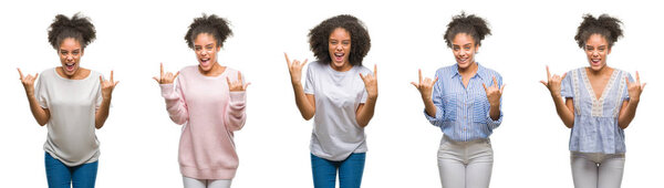 Коллаж африканской американки на изолированном фоне кричит с сумасшедшим выражением, делая рок-символ с поднятыми руками. Музыкант. Тяжёлая концепция
.