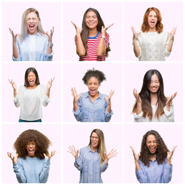 年轻妇女的拼贴在粉红色的孤立的背景庆祝疯狂和疯狂的成功与手臂抬起和闭上的眼睛尖叫兴奋 优胜者概念 — 图库照片