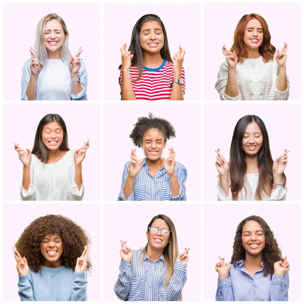 Collage Unga Kvinnor Över Rosa Isolerade Bakgrund Leende Korsning Fingrar — Stockfoto