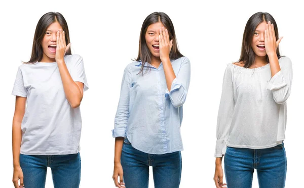 Collage Van Aziatische Jonge Vrouw Boven Witte Geïsoleerde Achtergrond Die — Stockfoto