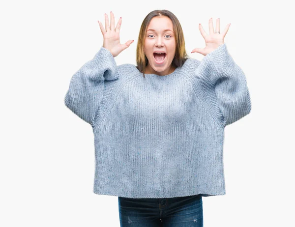 Giovane Bella Donna Caucasica Indossa Maglione Invernale Sfondo Isolato Celebrando — Foto Stock