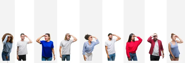 Colagem Diferentes Etnias Jovens Sobre Listras Brancas Fundo Isolado Muito — Fotografia de Stock