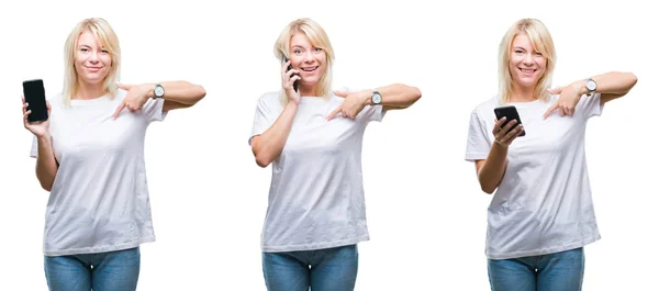 Collage Der Schönen Blonden Frau Mit Smartphone Vor Isoliertem Hintergrund — Stockfoto