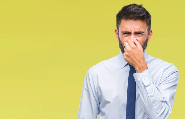 Erwachsener Hispanischer Geschäftsmann Mit Isoliertem Hintergrund Der Etwas Stinkendes Und — Stockfoto