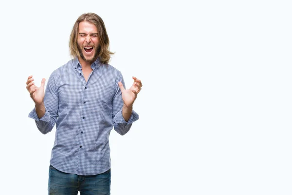 Junger Gutaussehender Mann Mit Langen Haaren Vor Isoliertem Hintergrund Der — Stockfoto