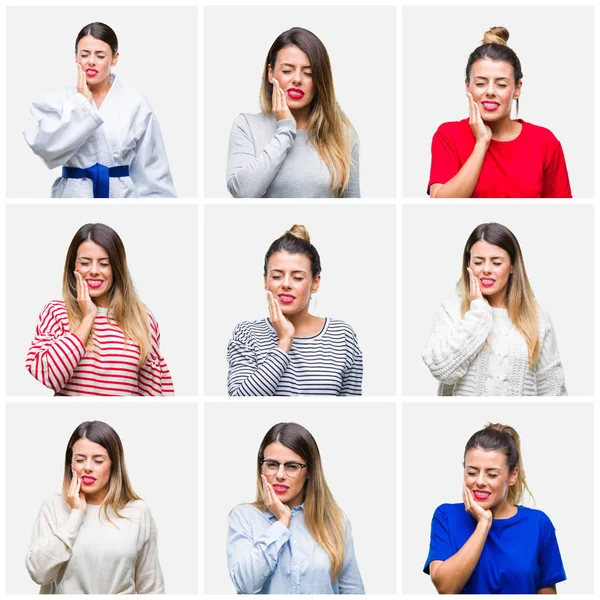 Collage Van Jonge Mooie Vrouw Geïsoleerde Achtergrond Mond Met Hand — Stockfoto