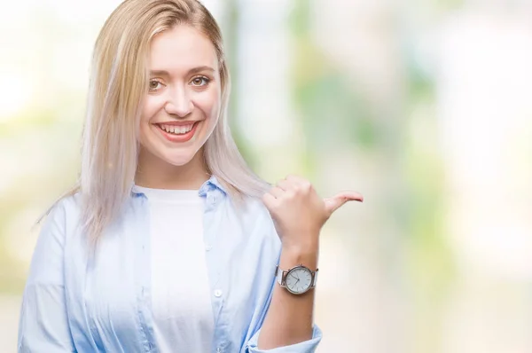 Young Blonde Woman Isolated Background Smiling Happy Face Looking Pointing — Stock Photo, Image