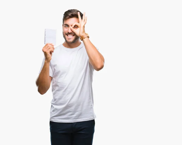 Junger Gutaussehender Mann Hält Notizbuch Über Isoliertem Hintergrund Mit Glücklichem — Stockfoto