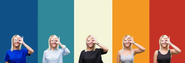 Collage Vacker Blond Kvinna Över Färgglada Vintage Isolerade Bakgrund Gör — Stockfoto