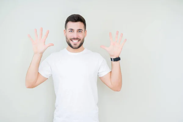 Ung Vacker Man Bär Casual Vit Shirt Över Isolerade Bakgrund — Stockfoto