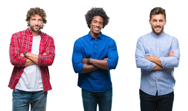 一群非洲裔美国人和西班牙裔男子在孤立的背景快乐的脸上微笑着交叉双臂看着镜头 积极的人 — 图库照片