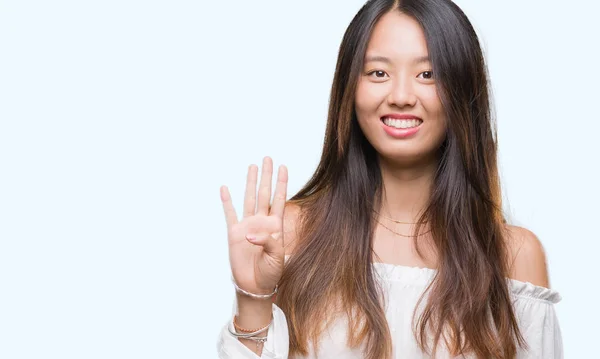 Jonge Aziatische Vrouw Geïsoleerde Achtergrond Weergeven Met Vingers Omhoog Nummer — Stockfoto