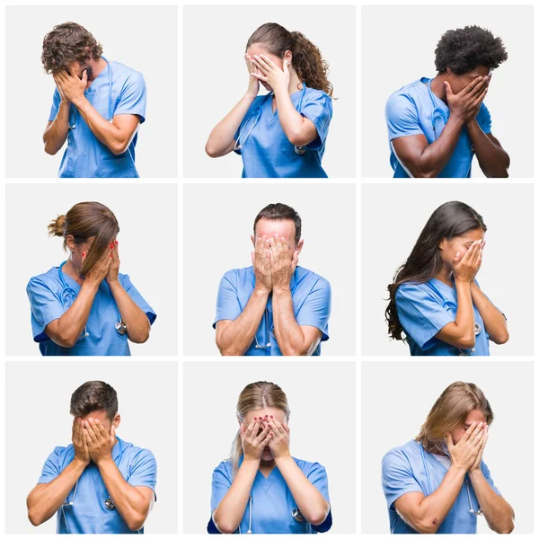 Collage Einer Gruppe Professioneller Krankenschwestern Vor Isoliertem Hintergrund Mit Traurigem — Stockfoto