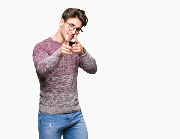 Joven Hombre Guapo Con Gafas Sobre Fondo Aislado Señalando Los —  Fotos de Stock