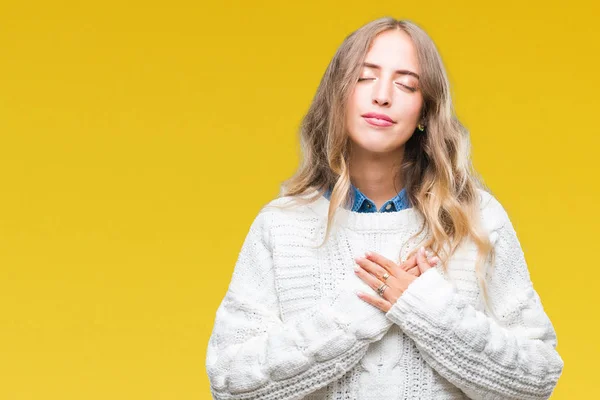 Beautiful Young Blonde Woman Wearing Winter Sweater Isolated Background Smiling — Stock Photo, Image