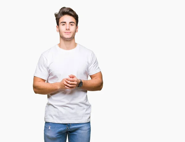 Der Junge Gutaussehende Mann Trägt Ein Weißes Shirt Über Isolierten — Stockfoto