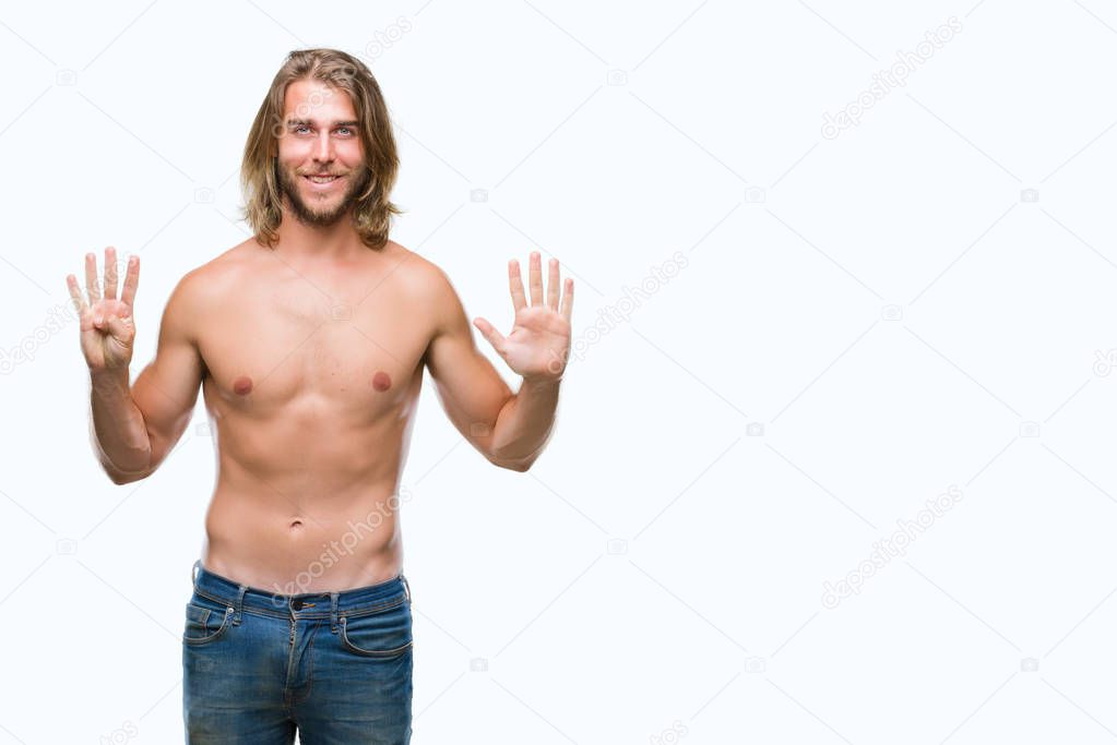 Young handsome shirtless man with long hair showing sexy body over isolated background showing and pointing up with fingers number nine while smiling confident and happy.