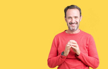 Arka plan eller üzerinde kış kazak giymiş yakışıklı orta yaş ağarmış komuta sizde birlikte izole ve rahat ve neşeli gülümseyen parmak çarpı işareti. Başarı ve iyimser