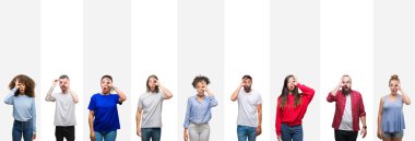 Kolaj ok jest sürpriz yüz, göz parmaklarının arasından seyir şok yapıyor beyaz çizgili izole arka plan üzerinde farklı etnik genç insan. İmansız ifade.