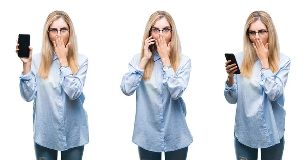 Collage Young Beautiful Blonde Business Woman Using Smartphone Isolated Background — Stock Photo, Image