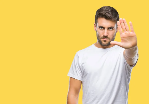 Jovem Homem Bonito Sobre Fundo Isolado Fazendo Parar Cantar Com — Fotografia de Stock