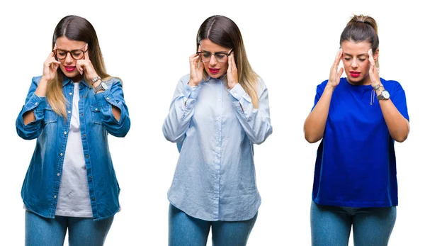 年轻美丽的妇女戴眼镜在孤立的背景与手在头上为痛苦在头的拼贴由于压力 患有偏头痛 — 图库照片