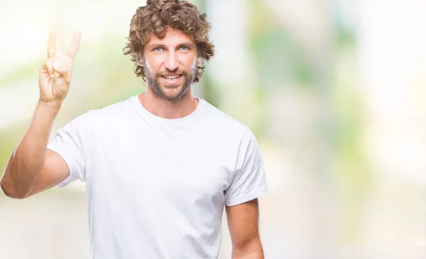 Hombre Modelo Hispano Guapo Sobre Fondo Aislado Mostrando Apuntando Hacia —  Fotos de Stock