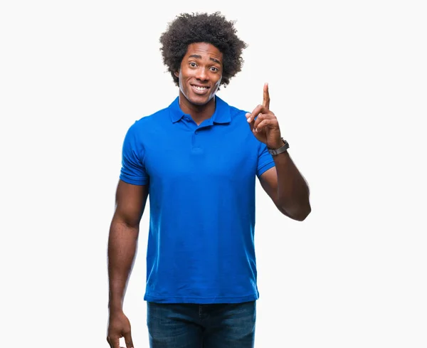 Afro Americký Muž Izolované Pozadí Ukazující Prst Úspěšným Myšlenkou Byl — Stock fotografie