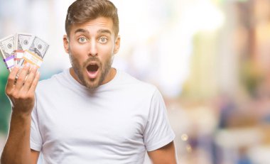 Yakışıklı delikanlı dolar yığını izole arka plan üzerinde bir sürpriz yüz, korkuyor ve heyecanlı korku ifadesi ile şok korkmuş holding