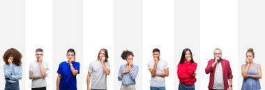 Kolaj farklı etnik genç insanlar stresli ve gergin ile beyaz çizgili izole arka plan üzerinde bir tırnak ısırma dudaklarından eller. Anksiyete sorunu.