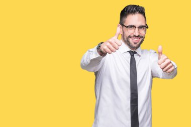 El ile pozitif jest yapıyor onaylama izole arka plan üzerinde gözlük takan genç yakışıklı iş adamı başparmak gülümseyen ve başarı için mutlu. Kamera, kazanan jest arıyorsunuz.