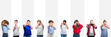 Kolaj genç insanlar elleriyle gözlerini kapsayan beyaz çizgili izole arka plan üzerinde ve stop jest ile acı ve korku farklı etnik bir ifade. Utandım ve negatif kavramı.