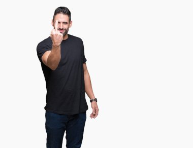 İzole arka plan gösteren orta parmak, ifade kaba ve kaba Siktir genç yakışıklı adam