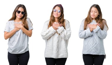 Kolaj ile gülümseyen izole arka plan üzerinde güzel genç kadının göğüs kapalı gözler ve yüzünde minnettar jest ile eller. Sağlık kavramı.