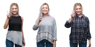 Kolaj üzerinde gösterilen ve parmakları ile işaret izole arka plan güzel sarışın genç kadının ikincisi ise kendinden emin ve mutlu gülümseyerek.
