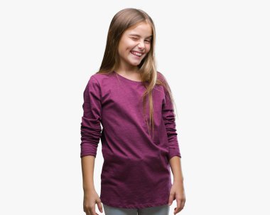 Genç güzel kız seksi bir ifadeyle, neşeli ve mutlu yüzünü kameraya bakarak göz kırpıyor izole arka plan üzerinde.