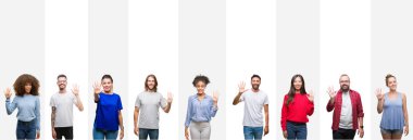 Kolaj farklı etnik gençlerin gösterilen ve parmakları ile işaret beyaz çizgili izole arka plan üzerinde beş kendinden emin ve mutlu gülümseyerek iken numara.